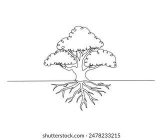 Continuous one line drawing of tree plant art style . Tree in single outline vector illustration for eco green nature concept. Editable stroke.