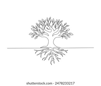 Continuous one line drawing of tree plant art style . Tree in single outline vector illustration for eco green nature concept. Editable stroke.