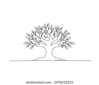 Continuous one line drawing of tree plant art style . Tree in single outline vector illustration for eco green nature concept. Editable stroke.