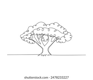 Continuous one line drawing of tree plant art style . Tree in single outline vector illustration for eco green nature concept. Editable stroke.
