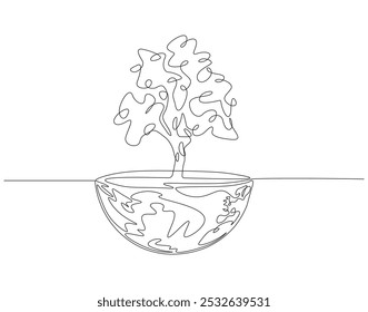 Continuous one line drawing of tree on earth. One line drawing illustration of tree plant on earth globe. World habitat day concept single line. Editable outline