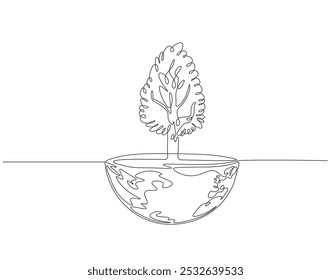 Continuous one line drawing of tree on earth. One line drawing illustration of tree plant on earth globe. World habitat day concept single line. Editable outline