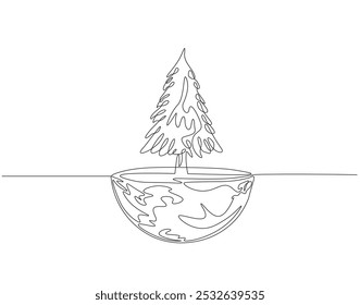 Continuous one line drawing of tree on earth. One line drawing illustration of tree plant on earth globe. World habitat day concept single line. Editable outline