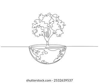 Continuous one line drawing of tree on earth. One line drawing illustration of tree plant on earth globe. World habitat day concept single line. Editable outline