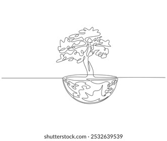 Continuous one line drawing of tree on earth. One line drawing illustration of tree plant on earth globe. World habitat day concept single line. Editable outline