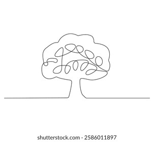 Continuous one line drawing of tree. Single line drawing illustration of tree. Environmental greening concept vector art. Doodle line illustration.
