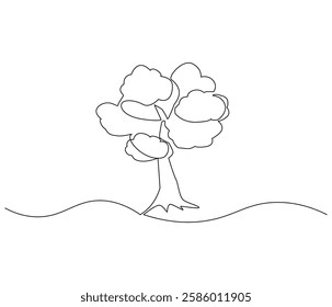 Continuous one line drawing of tree. Single line drawing illustration of tree. Environmental greening concept vector art. Doodle line illustration.
