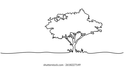 Continuous one line drawing of tree on white background. Vector illustration, Tree in continuous line art drawing style. Giant and powerful tree black linear design isolated. Christmas tree one.