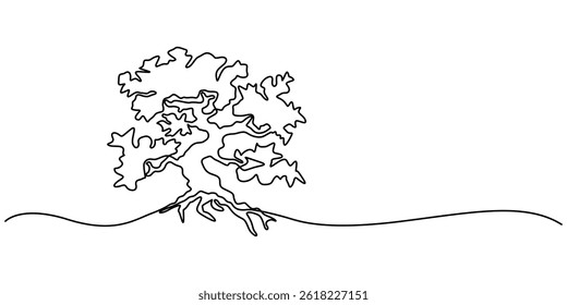 Continuous one line drawing of tree on white background. Vector illustration, Tree in continuous line art drawing style. Giant and powerful tree black linear design isolated. Christmas tree one.
