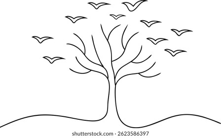 Continuous one line drawing of a tree with branches forming birds in flight, artistic and minimal transformation concept on white background

