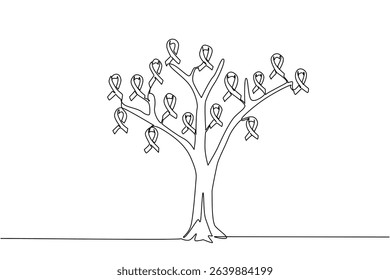 Continuous one line drawing tree whose leaves are campaign ribbons. Symbolization of the brain network system. Nerves. Sick. World Multiple Sclerosis Day. Single line draw design vector illustration