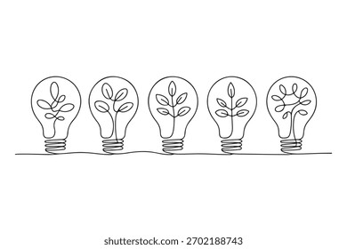 Desenho contínuo de uma linha de árvore dentro da lâmpada de luz ilustração de eco ideia criativa
