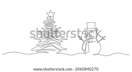 Continuous one line drawing of  tree and Snowman in hat with scarf. Festive Winter card in doodle style. Liner Vector illustration