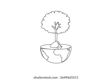 Continuous one line drawing trees grow on half the globe. The symbolism of half of the earth dense and green plants. Protects from dirty air. Tree Concept. Single line draw design vector illustration