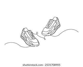 Continuous one line drawing of trendy sport shoes. Simple shoes, sneaker line art vector illustration. Editable vector. 
