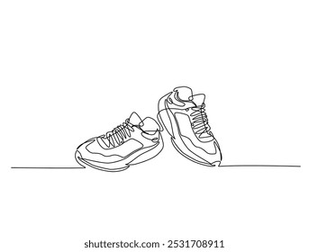 Continuous one line drawing of trendy sport shoes. Simple shoes, sneaker line art vector illustration. Editable vector. 
