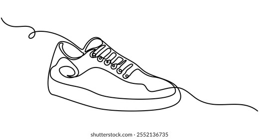 Continuous one line drawing of trendy sport shoe. Simple shoes, sneaker line art vector illustration. Editable vector, Continuous single one line drawing of casual sneakers shoes minimalism design.