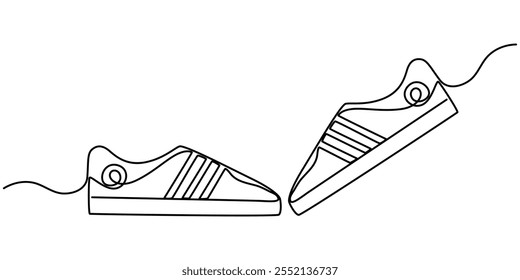 Continuous one line drawing of trendy sport shoe. Simple shoes, sneaker line art vector illustration. Editable vector, Continuous single one line drawing of casual sneakers shoes minimalism design.