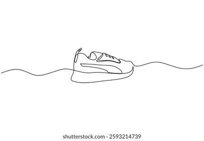 Continuous one line drawing of trendy sport shoe. Simple shoes sneaker line art vector illustration, Fashionable and casual. Vector minimalist vector illustration.