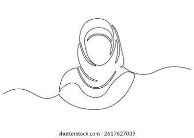 Continuous one line drawing of Trendy hijab woman. Single line drawing illustration of Muslim woman using hijab. Fashionable stylish concept vector art. Doodle line illustration.