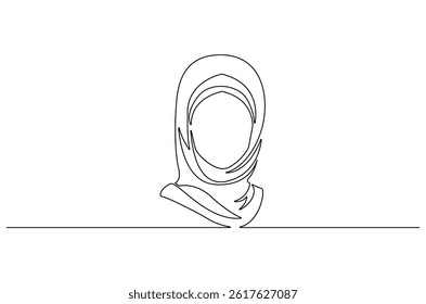 Continuous one line drawing of Trendy hijab woman. Single line drawing illustration of Muslim woman using hijab. Fashionable stylish concept vector art. Doodle line illustration.