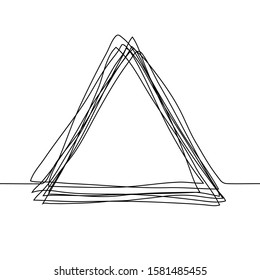 Continuous one line drawing of an triangular frame in the sketch technique of a constant black outline. Grunge rough shapes imitating a trace of a pencil on a white BG