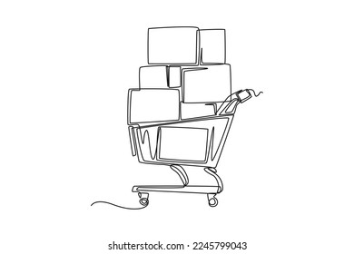 Continuous one line drawing a trolley full of merchandise boxes. Supply chain management concept. Single line draw design vector graphic illustration.