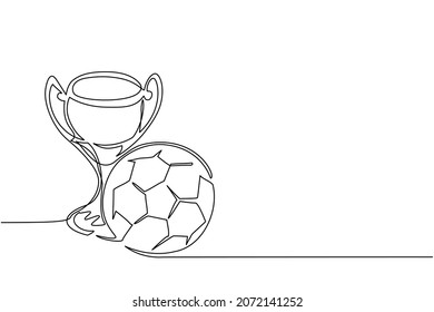 Continuous one line drawing trophy and football ball. Champion cup icon with soccer ball. Championship trophy. Sport tournament award, winner cup and victory concept. Single line draw design vector