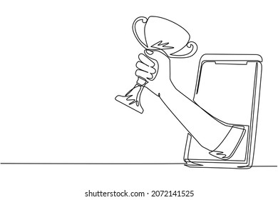 Continuous one line drawing trophy in hand coming out from mobile screen. Smartphone with app soccer football. Mobile sports stream championship to play. Single line draw design vector illustration