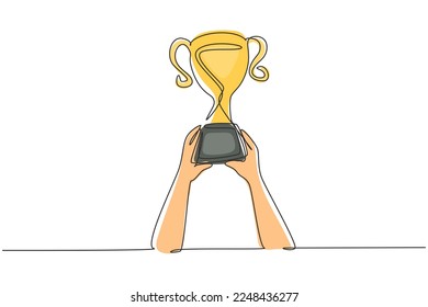 Continuous one line drawing trophy is held by both hands  Symbol winning championships  matches   sports competitions  Best achievement ever  Single line draw design vector graphic illustration