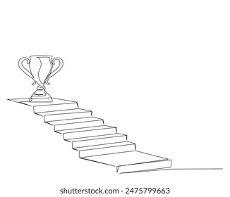Continuous one line drawing of trophy cup and stairs. trophy cup in the top of stairs. Editable stroke.	