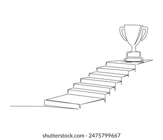 Continuous one line drawing of trophy cup and stairs. trophy cup in the top of stairs. Editable stroke.	