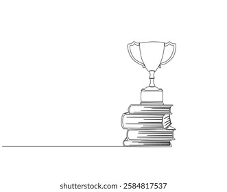 Continuous one line drawing of trophy on top stack of book. One line drawing illustration of trophy cup with stack of book combined. Combine art design concept single line. Editable outline