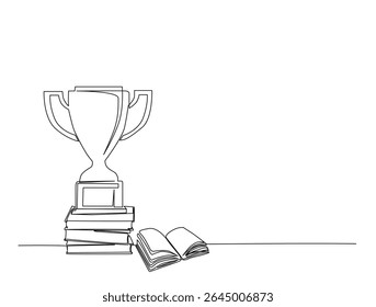 Continuous one line drawing of trophy and books. Trophy and book symbol of success outline illustration. Editable vector.
