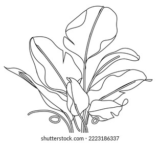 Continuous one line drawing of tropical leaf. Minimal natural eco concept artwork. Home wall decor, poster, tote bag, fabric print. Single line draw design graphic vector illustration