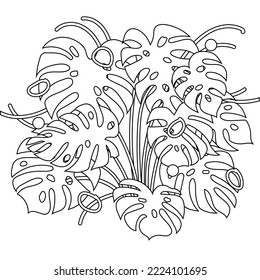 Continuous one line drawing of Tropical monstera leaves silhouette. Home wall decor, poster, tote bag, fabric print. Single line draw design graphic vector illustration