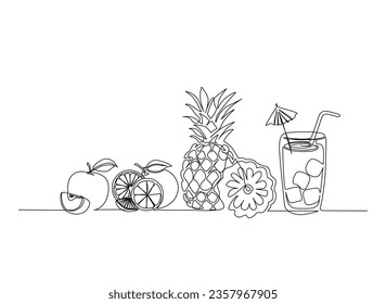 Continuous one line drawing of  tropical drink with pineapple, orange, apple. Fresh juice with fruits outline vector. Editable stroke.