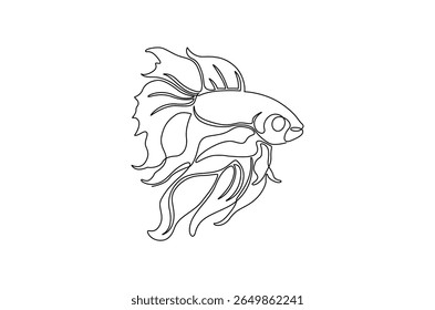 Continuous one line drawing of Tropical fish betta. Single line drawing illustration of Betta fish or cupang fish. Wall decor concept vector art. Doodle line illustration.