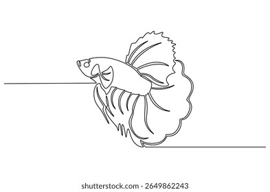 Continuous one line drawing of Tropical fish betta. Single line drawing illustration of Betta fish or cupang fish. Wall decor concept vector art. Doodle line illustration.
