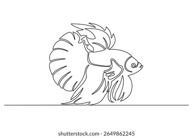 Continuous one line drawing of Tropical fish betta. Single line drawing illustration of Betta fish or cupang fish. Wall decor concept vector art. Doodle line illustration.