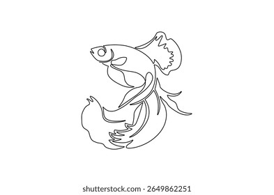 Continuous one line drawing of Tropical fish betta. Single line drawing illustration of Betta fish or cupang fish. Wall decor concept vector art. Doodle line illustration.