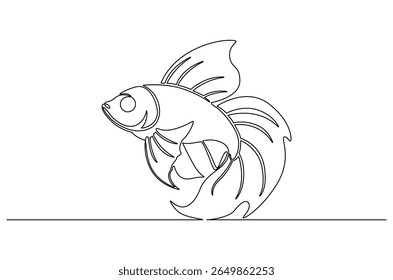 Continuous one line drawing of Tropical fish betta. Single line drawing illustration of Betta fish or cupang fish. Wall decor concept vector art. Doodle line illustration.