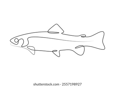 Continuous one line drawing of trout fish for logo identity. Large lake fish mascot concept for fishing tournament. Vector illustration