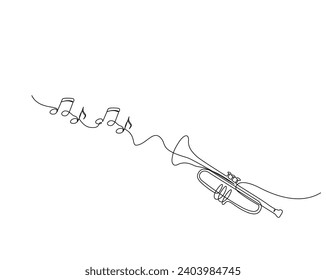 Continuous one line drawing of trumpet with note music. Music trumpet outline vector illustration. Editable stroke.