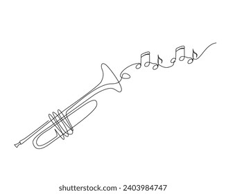 Continuous one line drawing of trumpet with note music. Music trumpet outline vector illustration. Editable stroke.