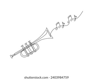 Dibujo continuo de una línea de trompeta con música de notas. Ilustración vectorial de contorno de trompeta de música. Trazo editable.