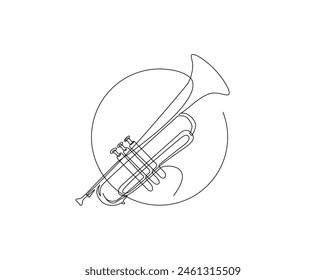 Continuous one line drawing of trumpet illustration. Classic trumpet outline vector design. Editable stroke.