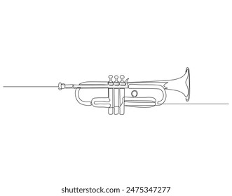 Continuous one line drawing of trumpet. One line drawing illustration of trumpet. Musical instrument concept singe line. Editable outline.
