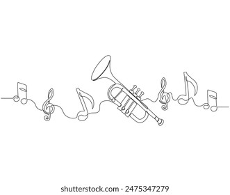 Continuous one line drawing of trumpet. One line drawing illustration of trumpet. Musical instrument concept singe line. Editable outline.
