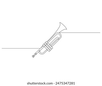 Continuous one line drawing of trumpet. One line drawing illustration of trumpet. Musical instrument concept singe line. Editable outline.
